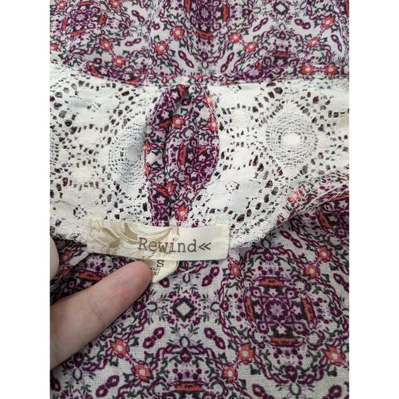 Rewind Cold Shoulder Blouse S Purple Mandala Print Scoop Lace Keyhole Strappy - Picture 3 of 9